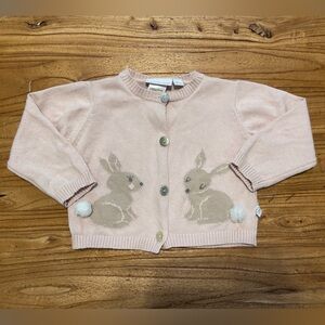 Elegant Baby Pink Baby Cardigan with Bunny Rabbit Motif - 100% Cotton